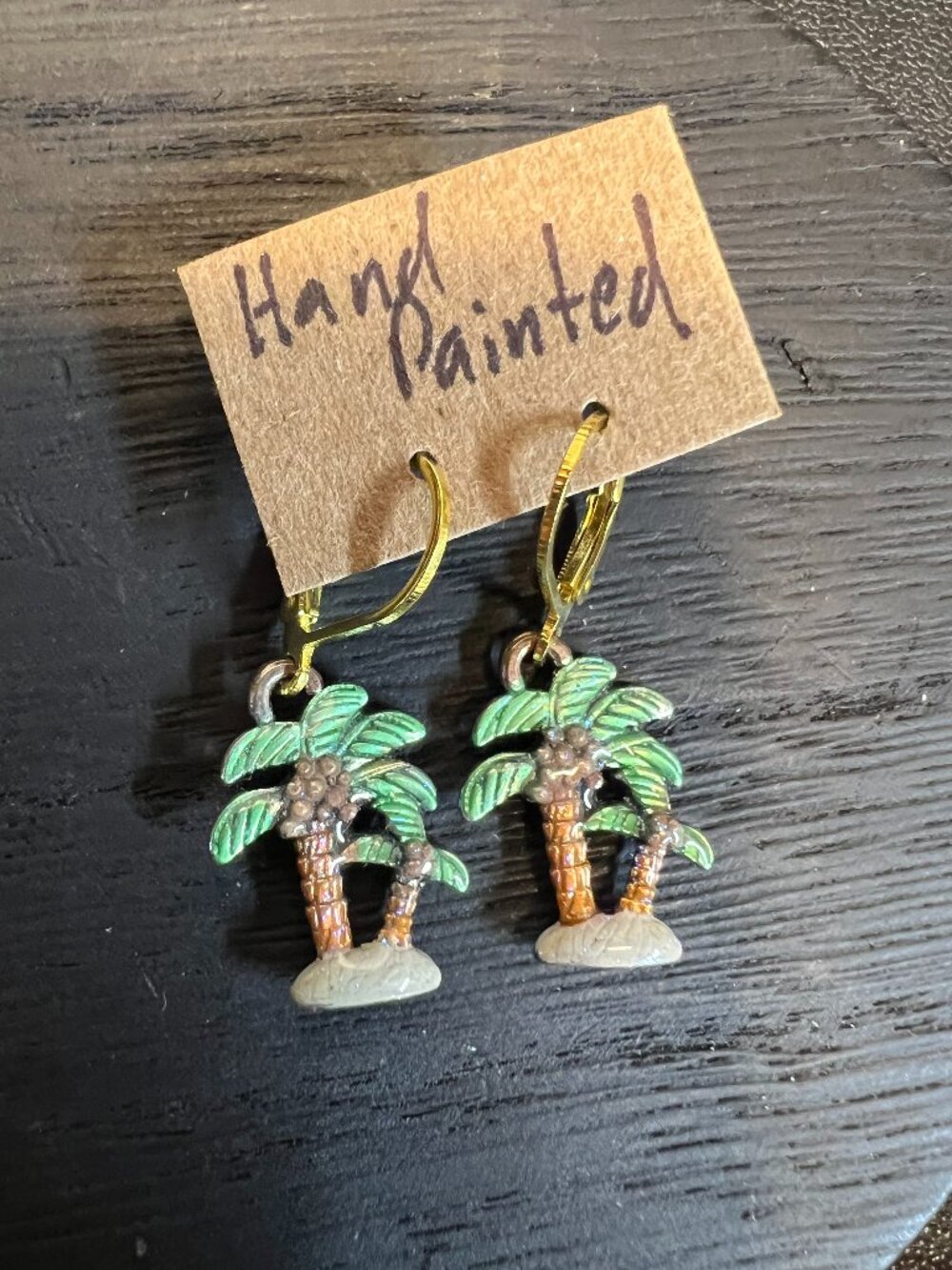 Palm Tree Earrings, Goldtone, Hand Painted, OOAK